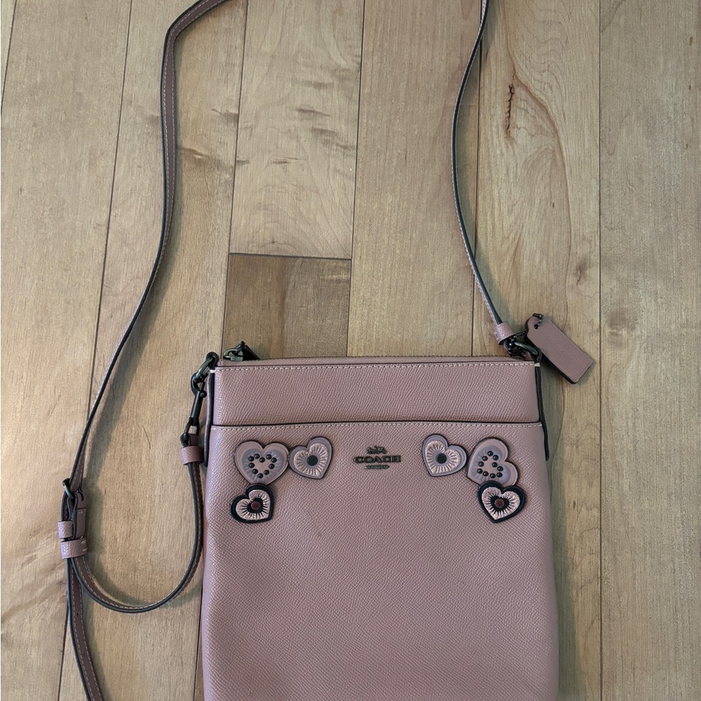 Coach Dusty Pink Leather Crossbody with Heart Appliqués